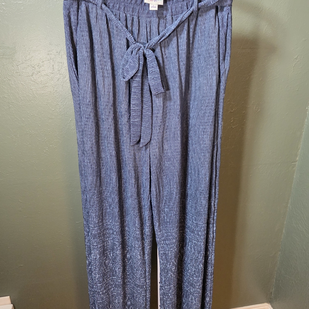 LuLaRoe Dianne Crinkled Slate Blue Wide-Leg Pull-On Pants with Tie